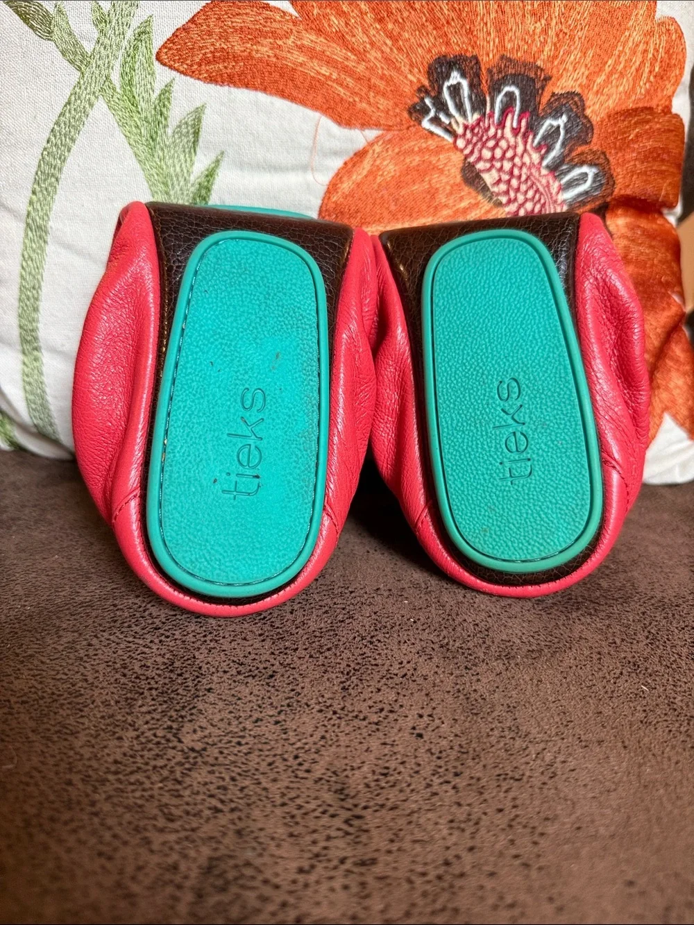POPPY TIEKS LEATHER BALLET FLATS FOLDABLE VIBRANT RED’ISH ORANGE CORAL SZ 8 EUC